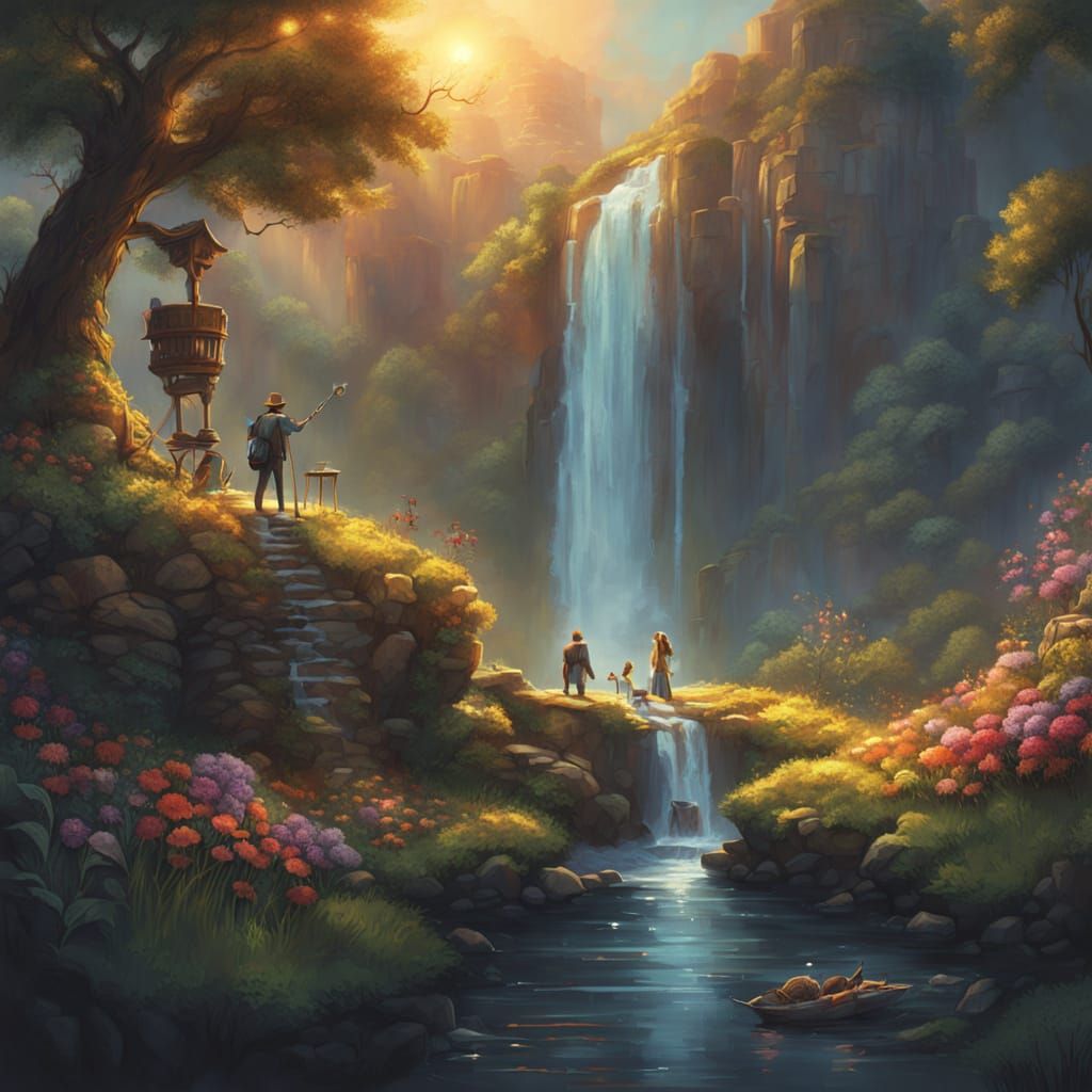 Golden Sunset Tavern Amidst Vibrant Florals and Waterfall