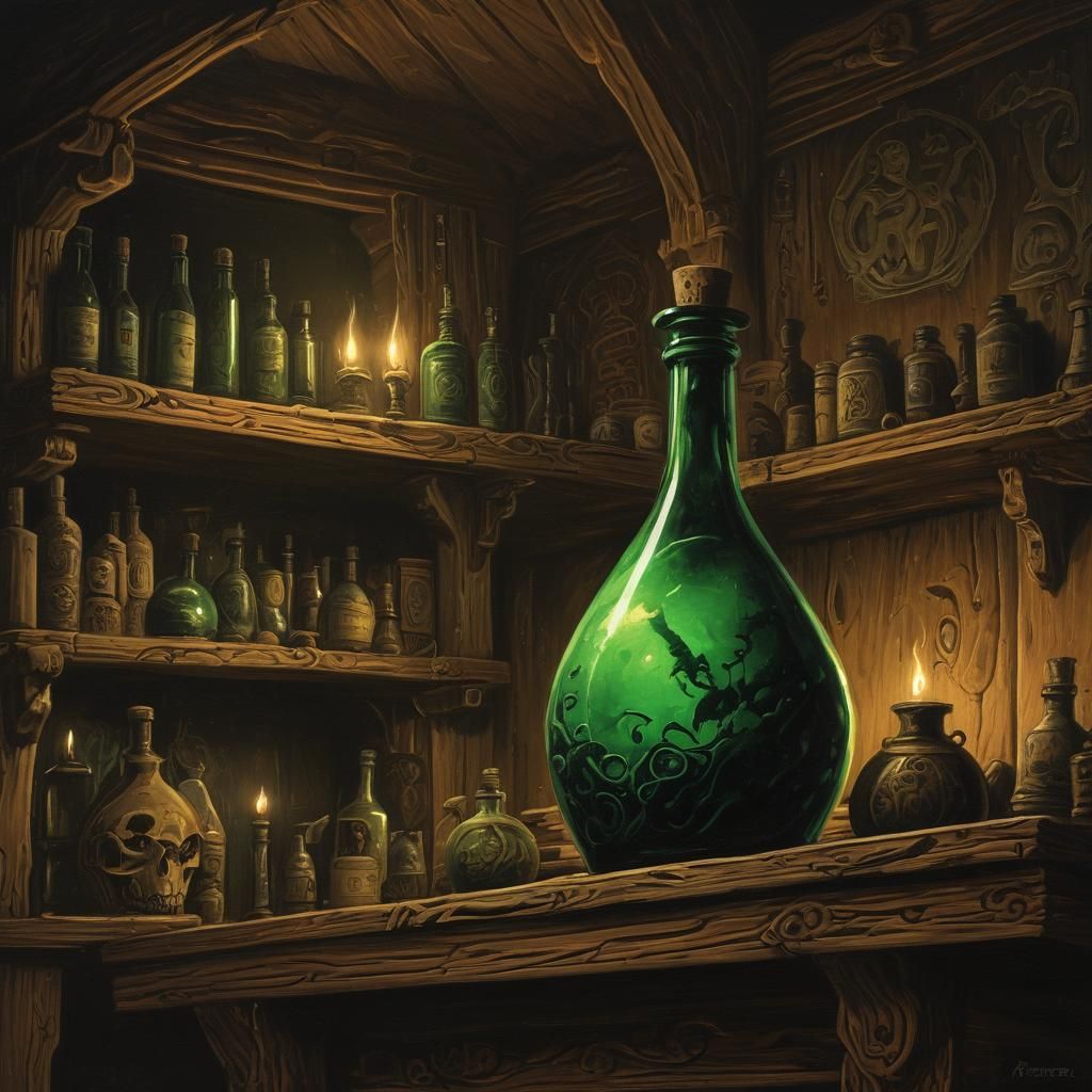 Alchemist Bottle Filled with Green Potion, Fantasy Art