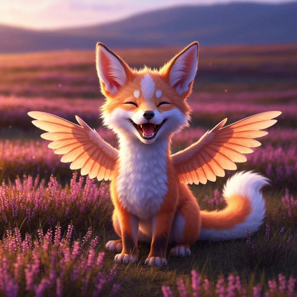 Cute Fox-Dragon in Heather Field at Golden Hour