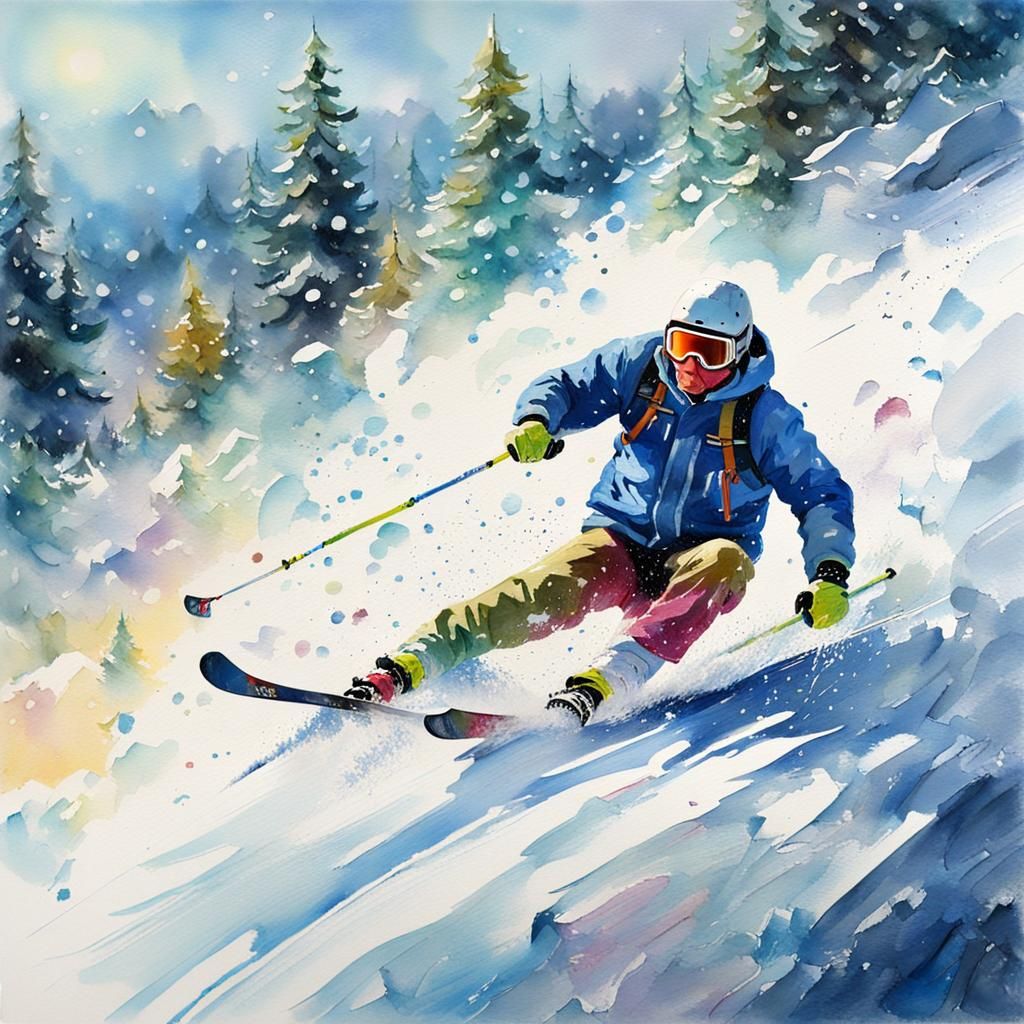 Skier on Snowy Hill in Impressionistic Gouache Style