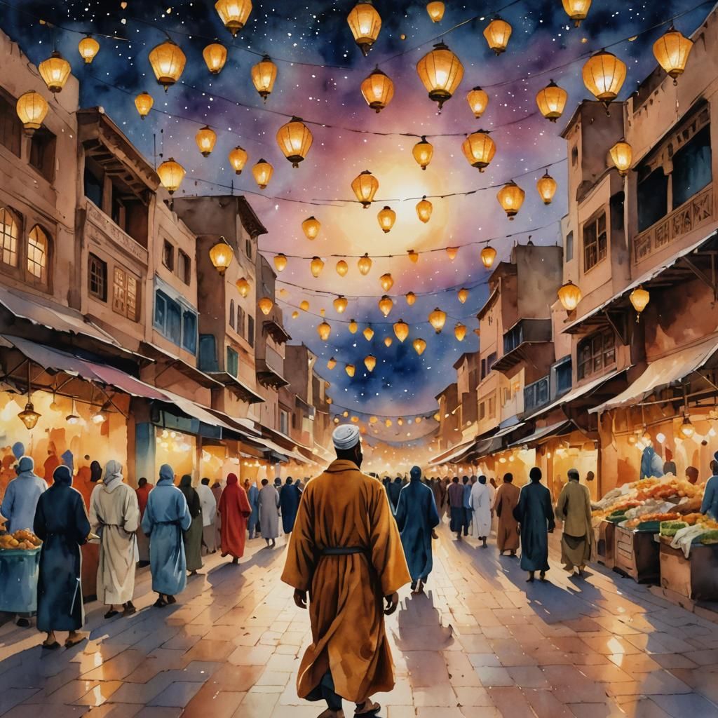 Moroccan Market Under Starry Sky in Watercolor