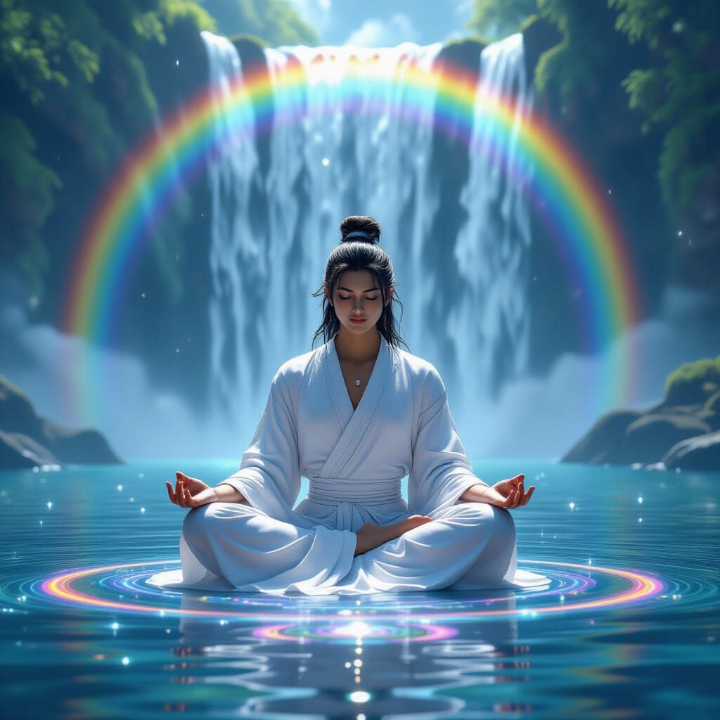 Serene Yogi Meditating Under Diamond Waterfall