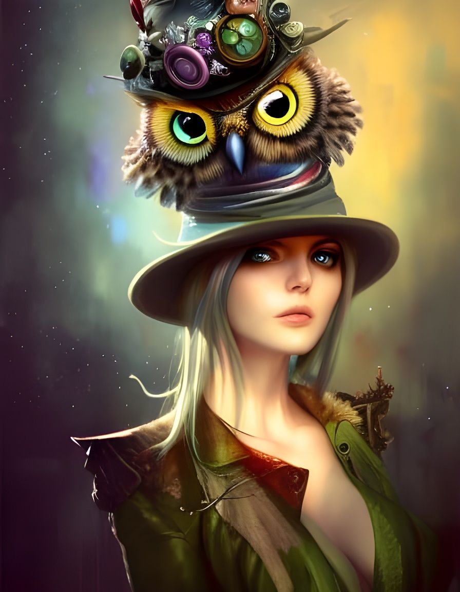 Woman in Owl Hat, Detailed Digital Art