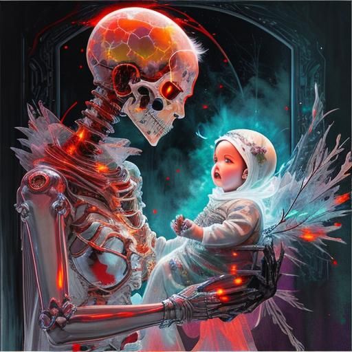 Luminescent Ghost with Skeleton, Watercolor Art