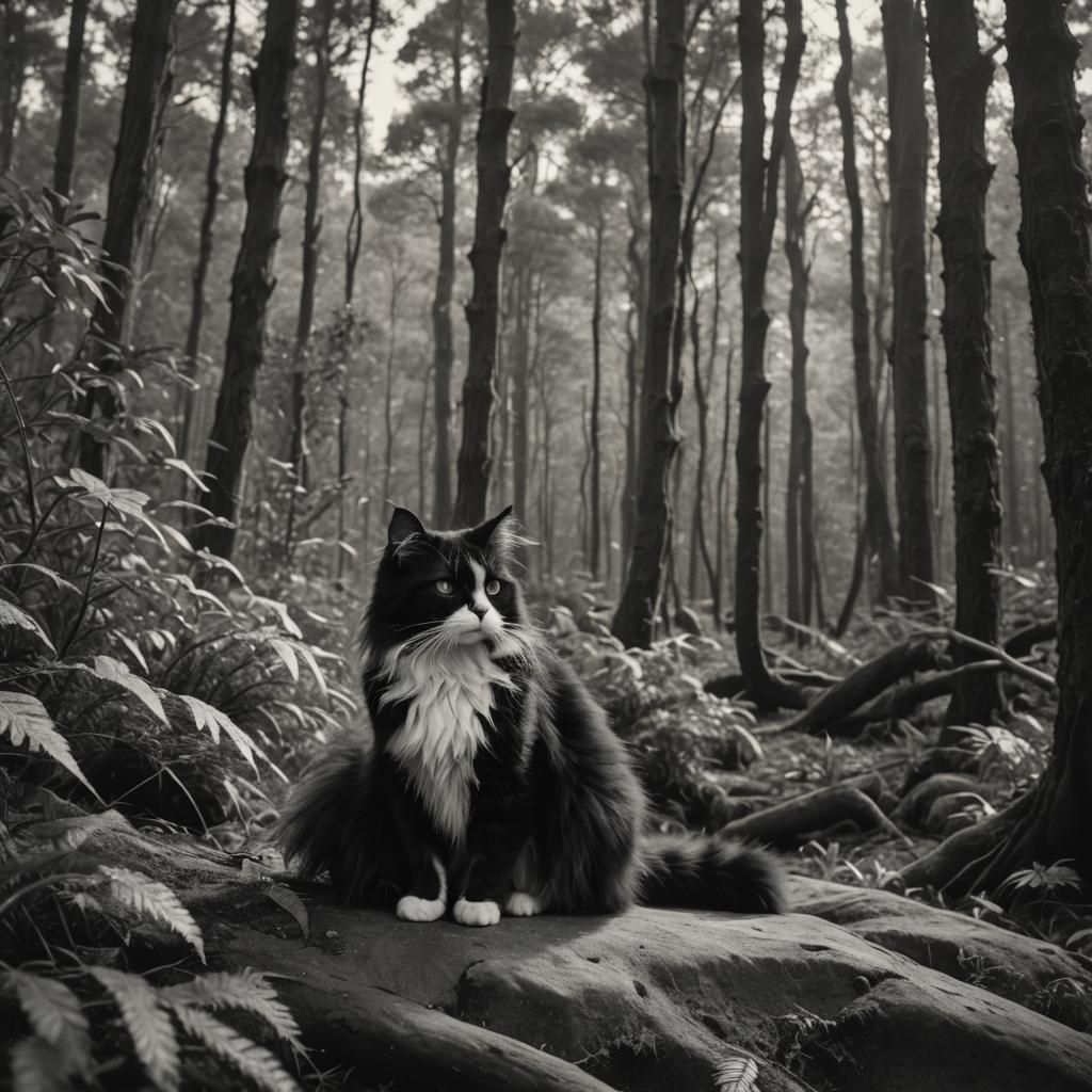 Surreal Cat in Forest Ocean: a Cinematic Still