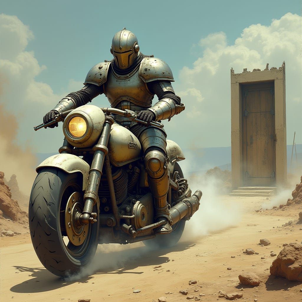 Armored Knight on Futuristic Motorcycle in Desolate Landscap...