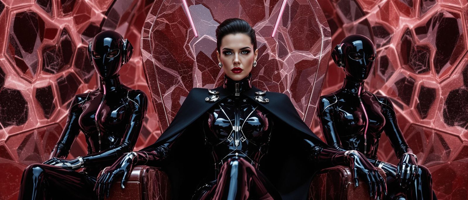 Maggie Gyllenhaal on Rhodonite Throne in Latex, Syd Mead Sty...