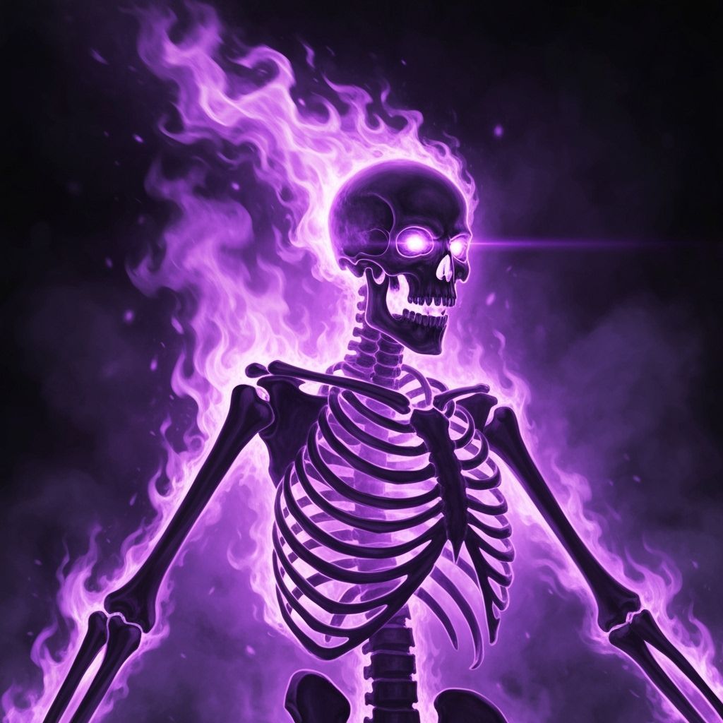Skeletal Figure Ablaze in Violet Flames