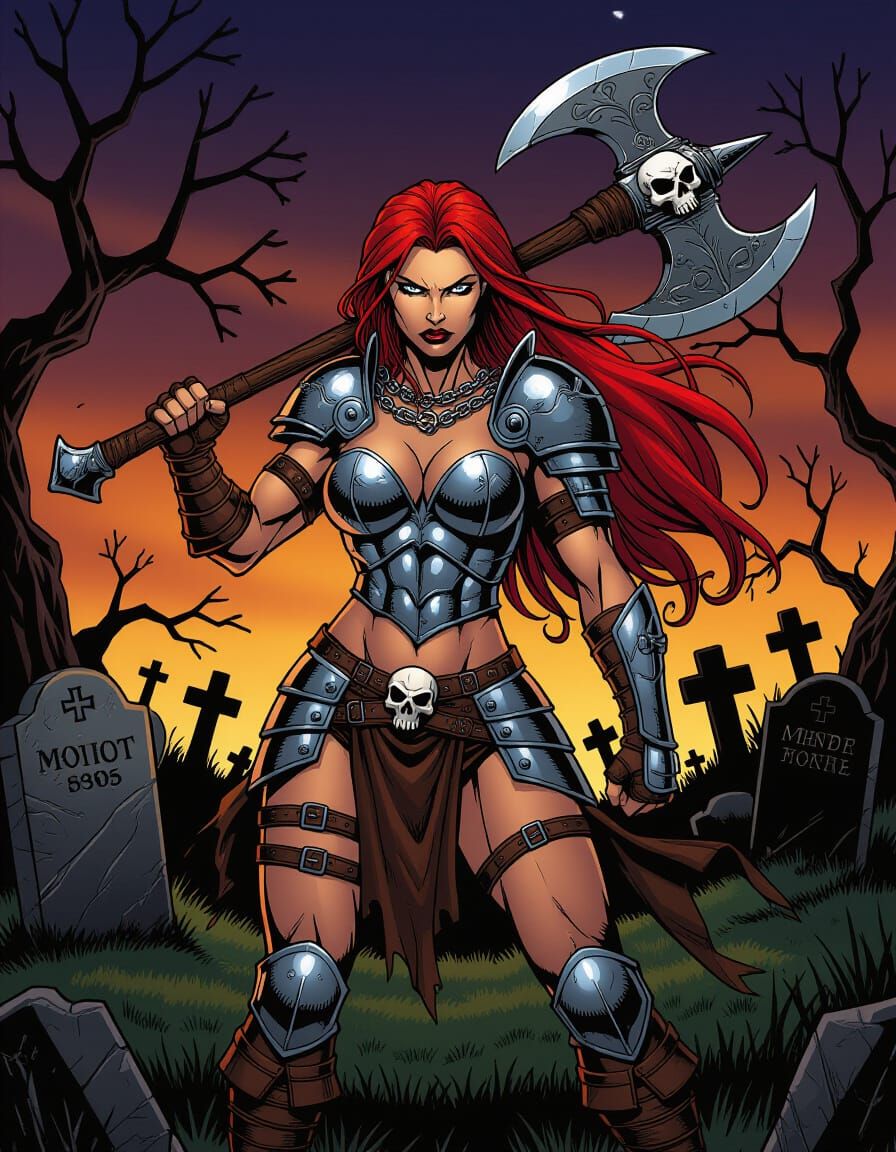 Fierce Female Warrior in Eerie Graveyard Comic Art