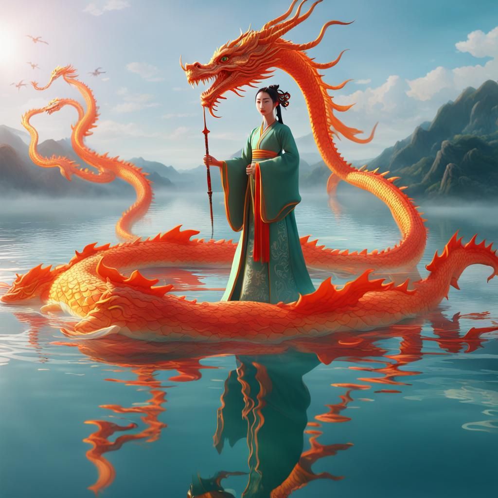 Chinese Dragon Swimming on Lake in CG Animation
