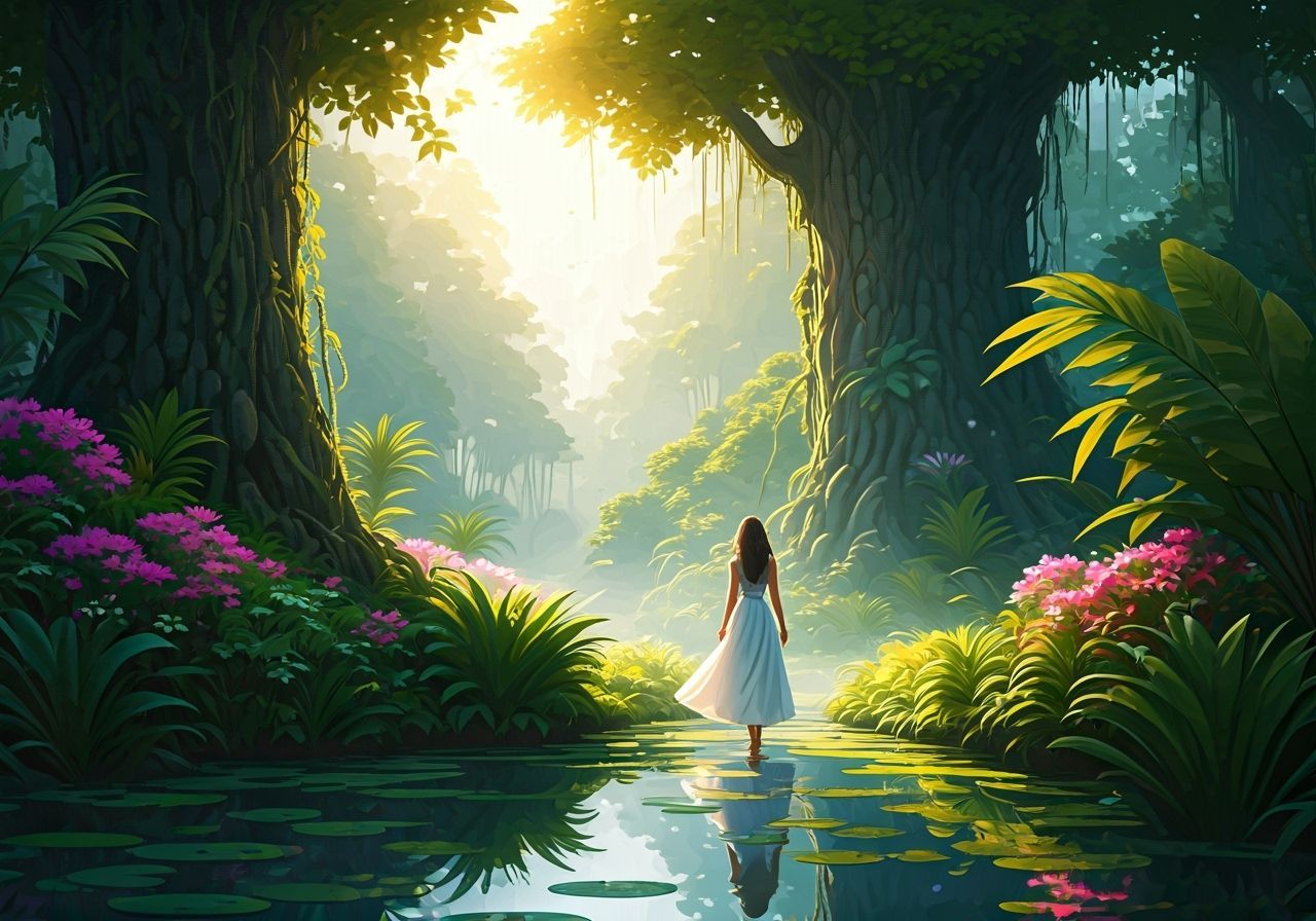Woman in White Dress in Sunny Fantasy Wetlands