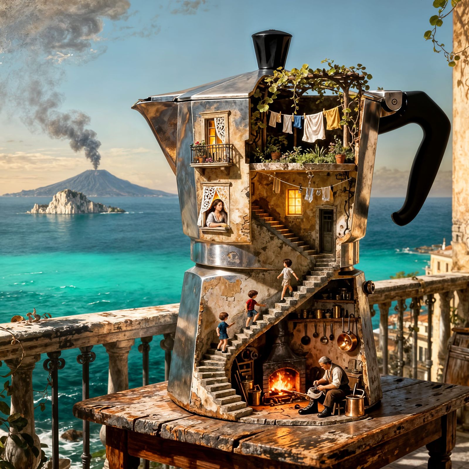 Baroque Italian Village Diorama Inside Moka Pot