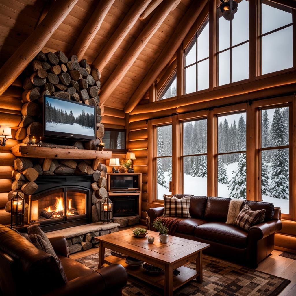 Cozy Log Cabin Living Room in Winter