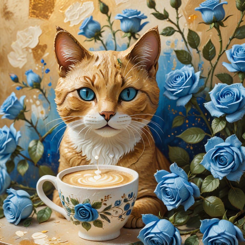 Cat Sipping Latte Among Blue Roses: Impressionist Painting