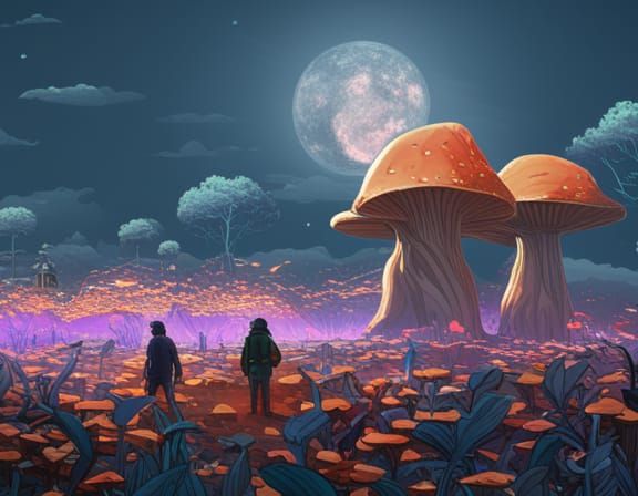 Surreal Mushroom Field with Glowing Crystals