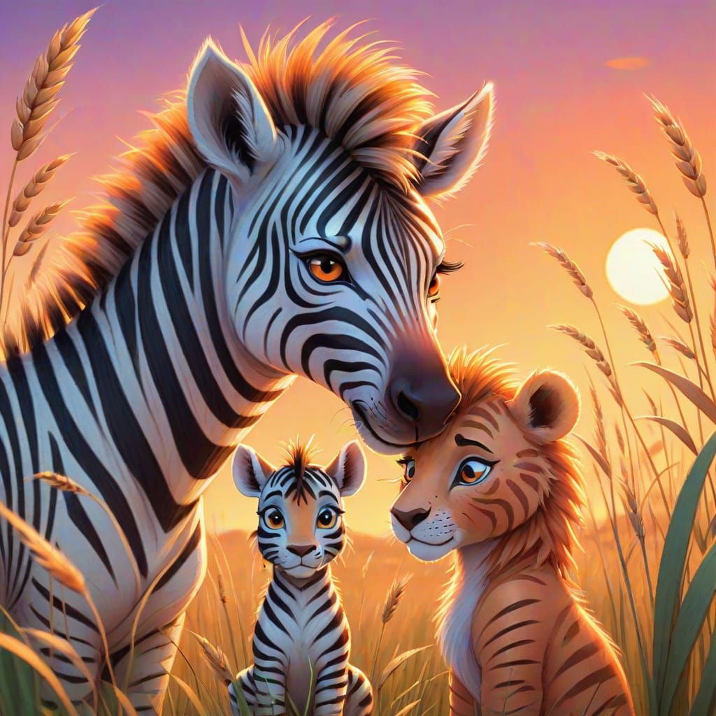 A cartoon-style zebra with swirly charcoal stripes, mohawk-l...