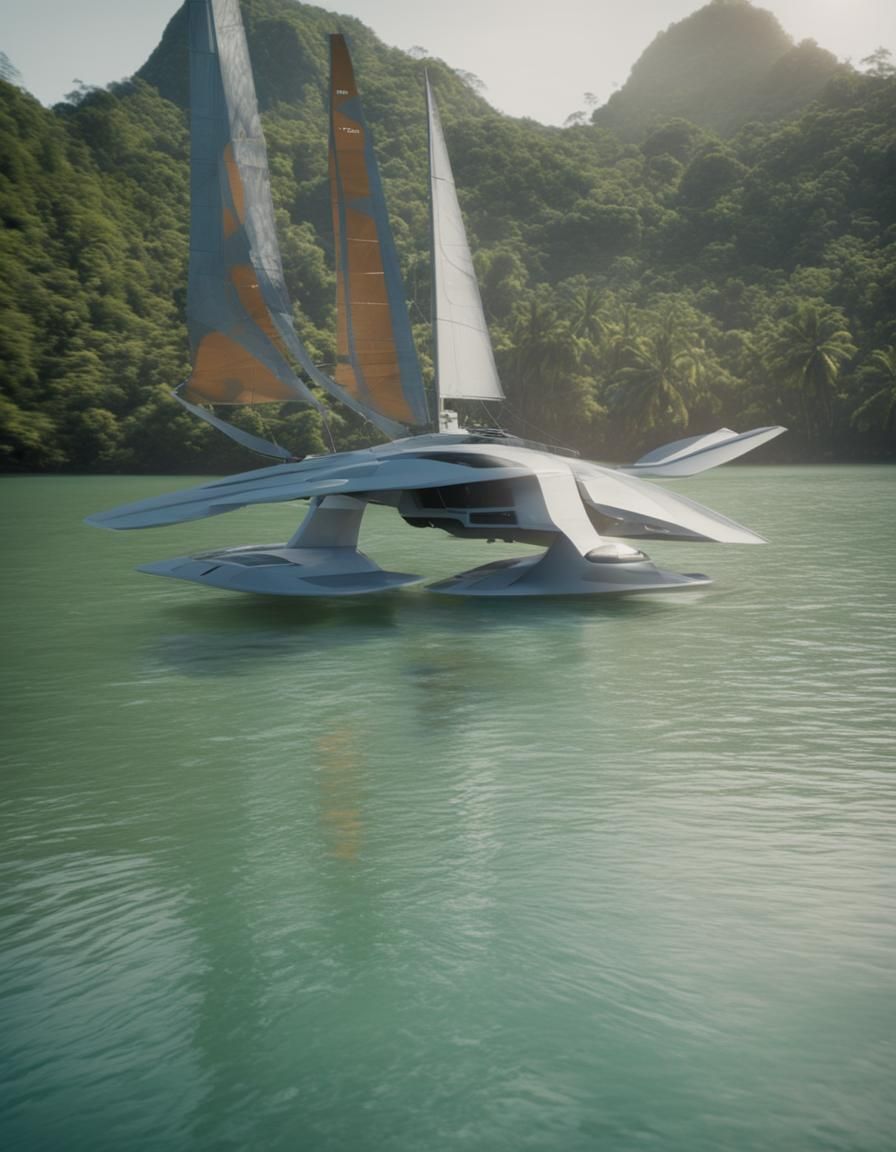 Futuristic Trimaran with Kite-Dragon Sails in Tropical Bay