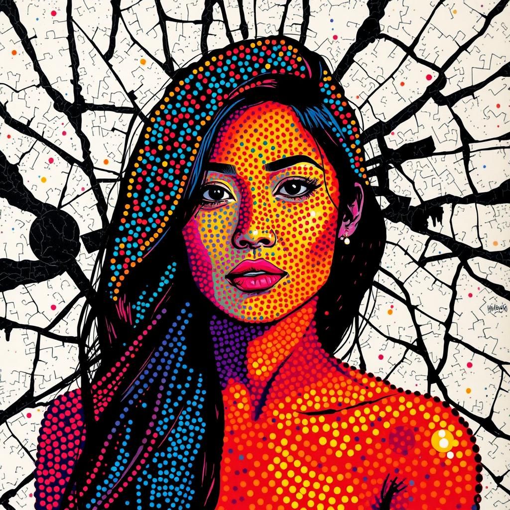 Vibrant Portrait in Pointillist Abstract Expressionism Style