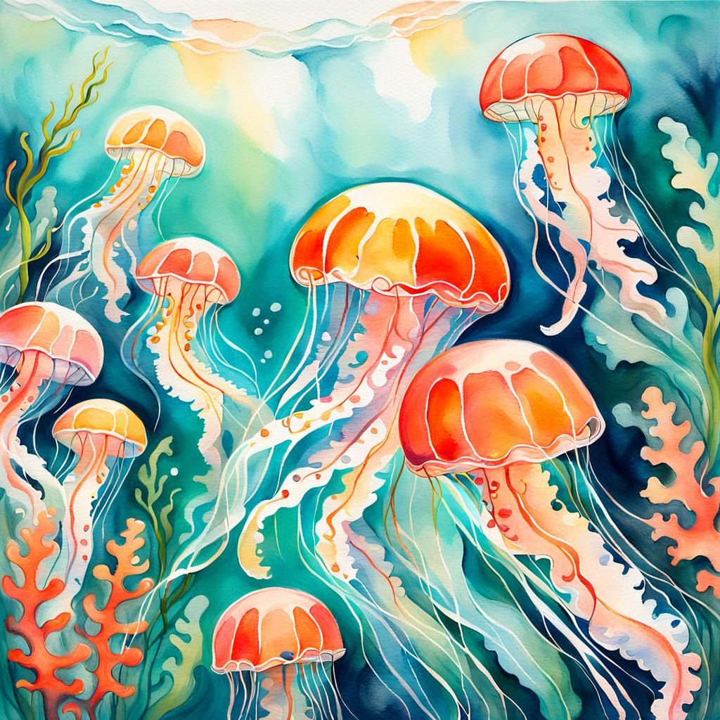 Dreamlike Jellyfish in Acrylic Painting with Watercolors
