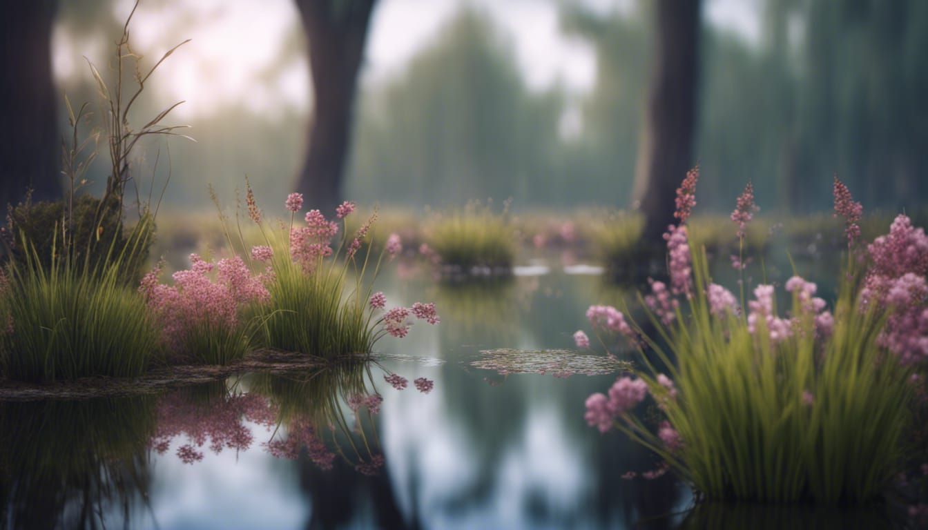 Low-growing swamp shrubs, grass and flowers 2