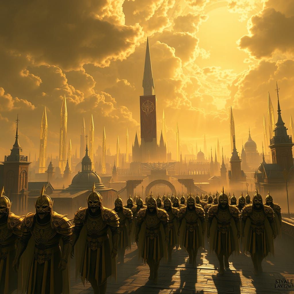 Golden Hell: Majestic Cityscape of Imperial City in Dark Fut...