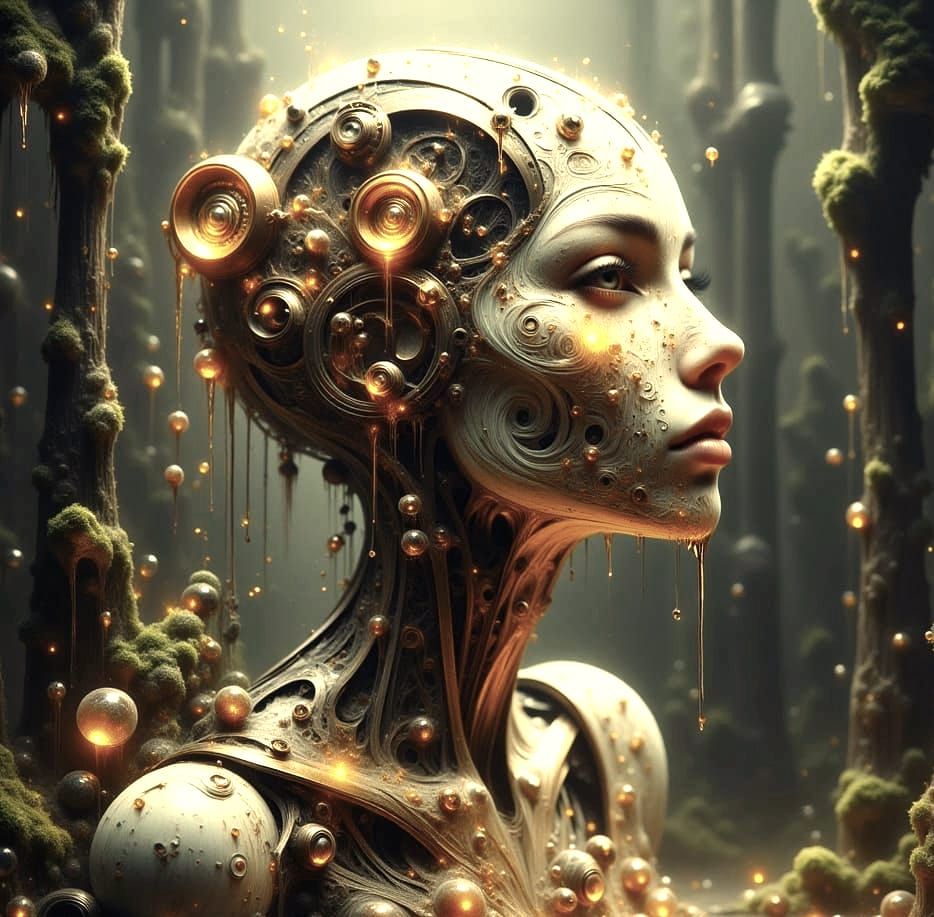 Clockwork Golem Weeping in Ruined City, Art Nouveau