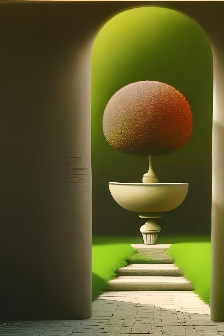 Zen Garden Painting with Stone Path and Topiary