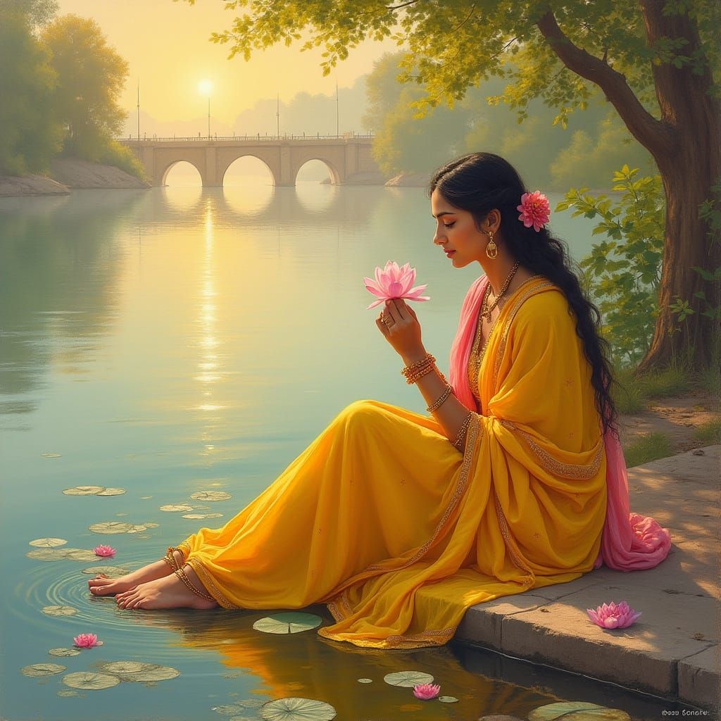Radha Rani Meditating by Yamuna River in Divine Light