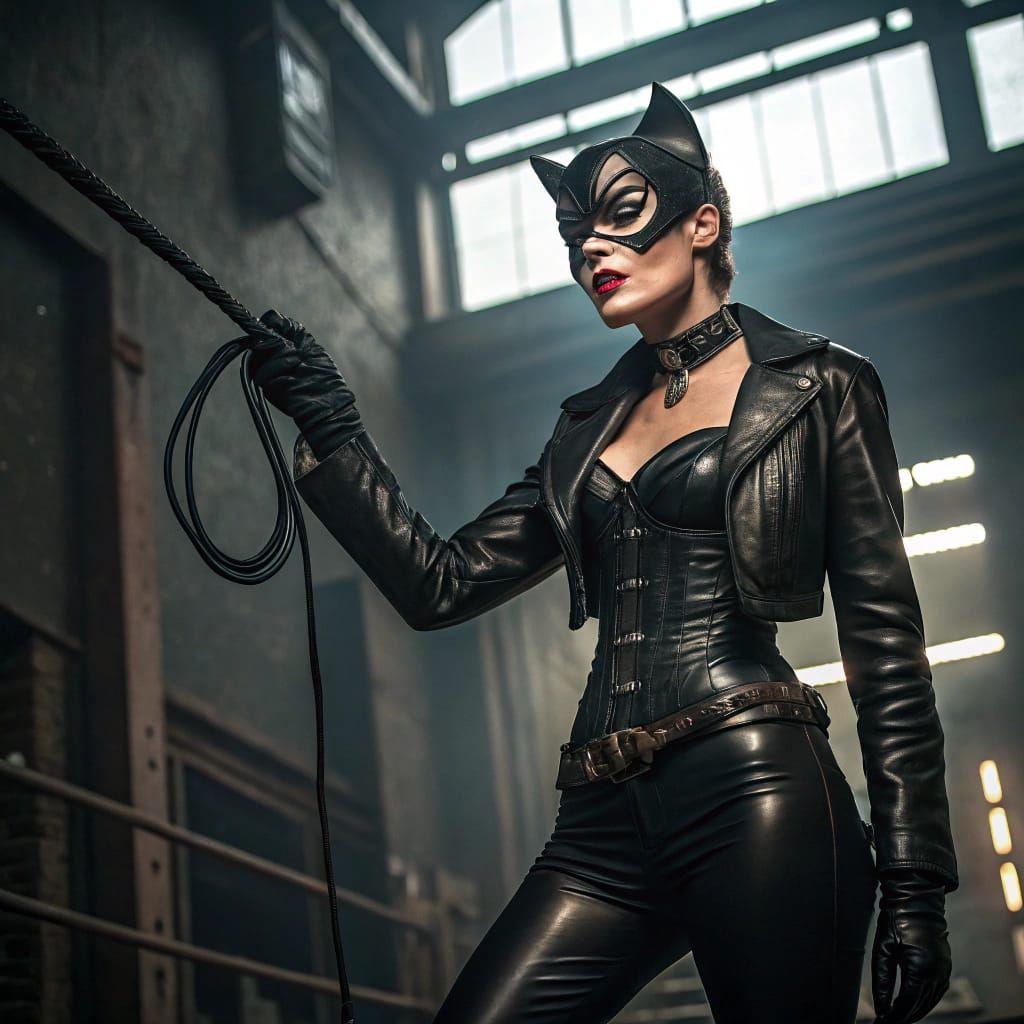 Bettie Page as Cyberpunk Catwoman in Dark Industrial Setting
