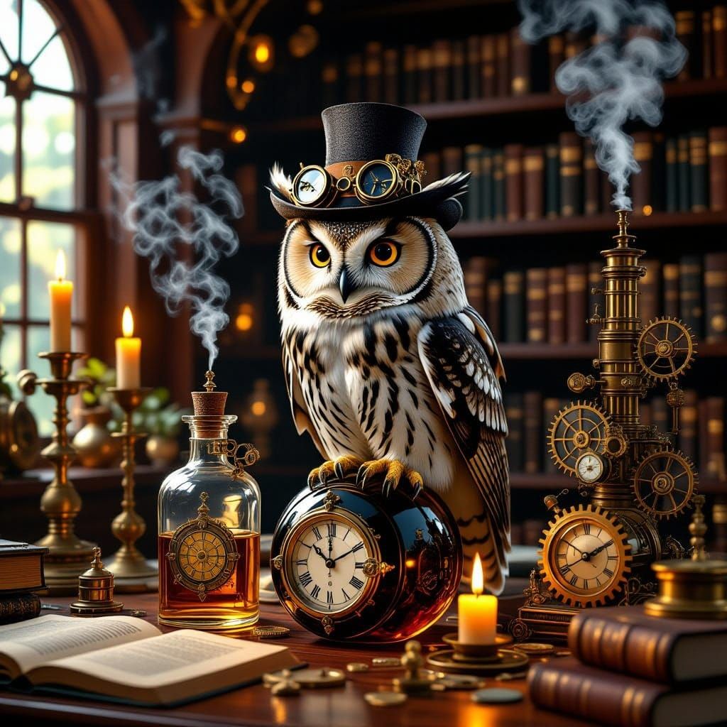 Steampunk Owl in Victorian Library