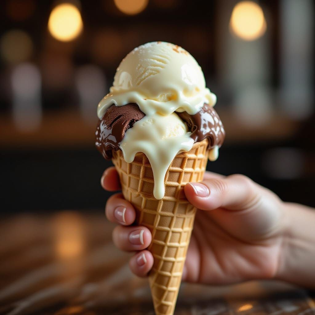 Melting Chocolate Ice Cream Cone Macro Shot