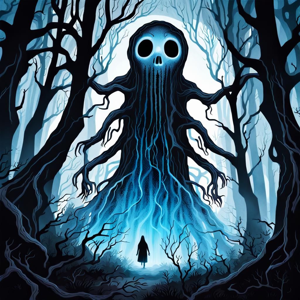 Eerie Ghost in Dark Forest: a Macabre Illustration