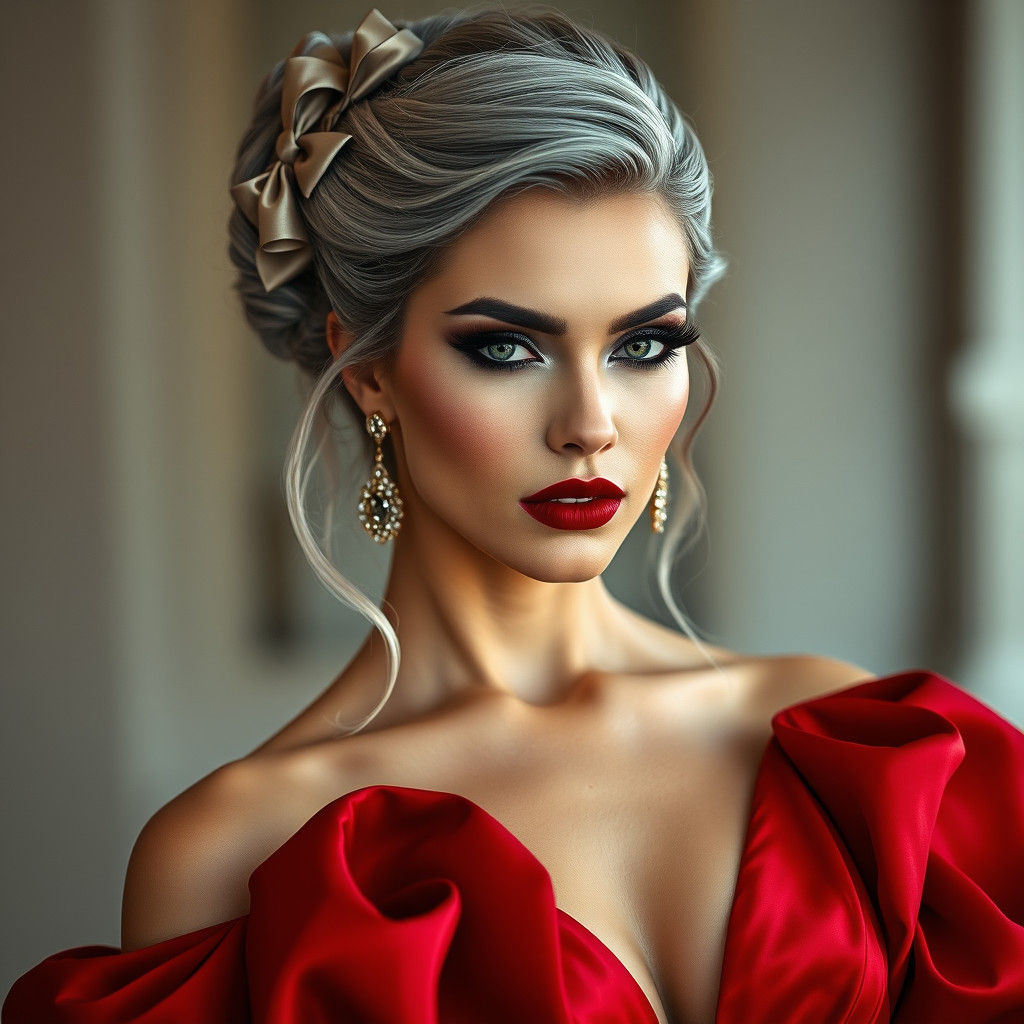 Elegant Woman in Red Gown: High-Fashion Portrait
