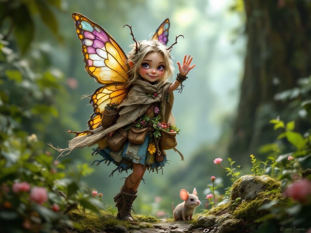 Fairy Woman Waving Hello in Rainforest Landscape