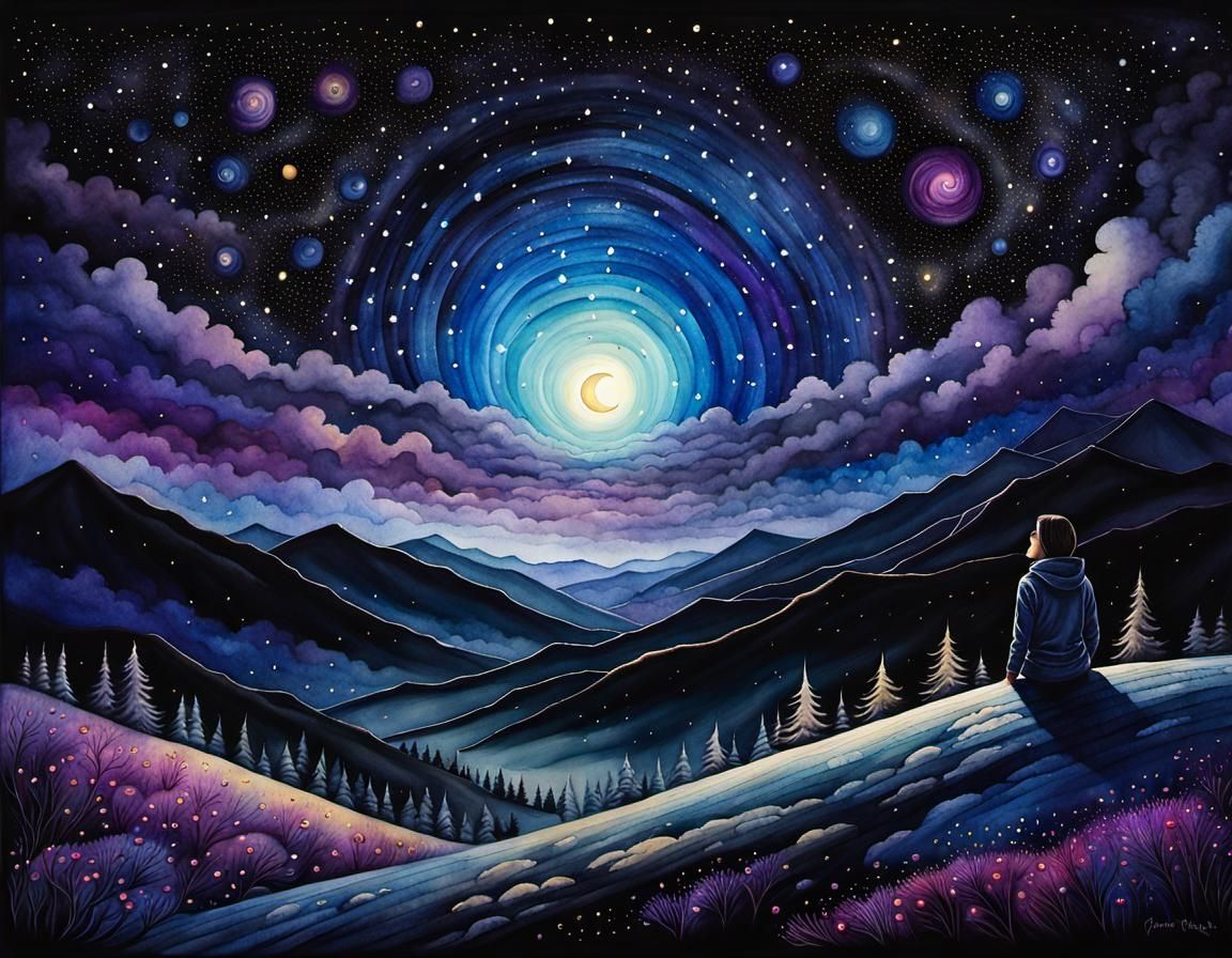 Celestial Night Sky Watercolor Portrait in 8K