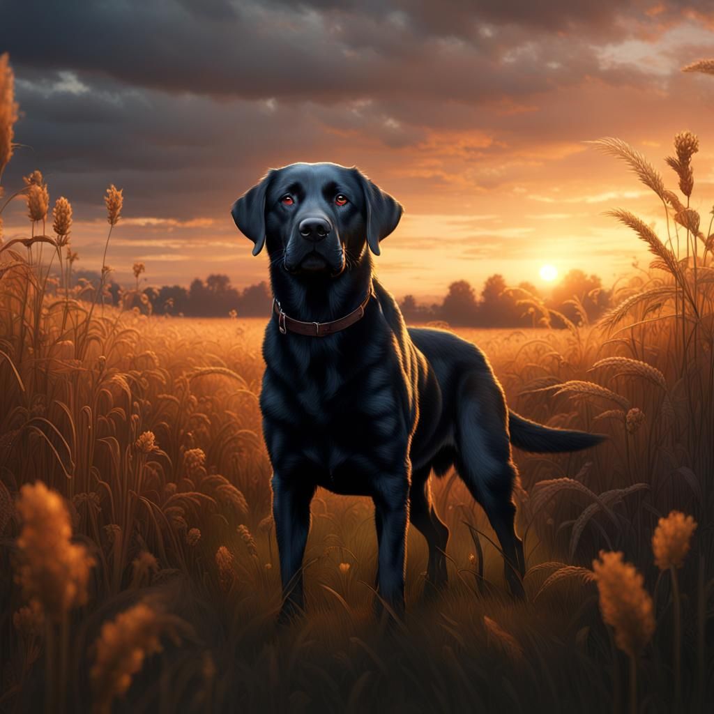 Black Labrador in Sunset Field: Fantasy Concept Art