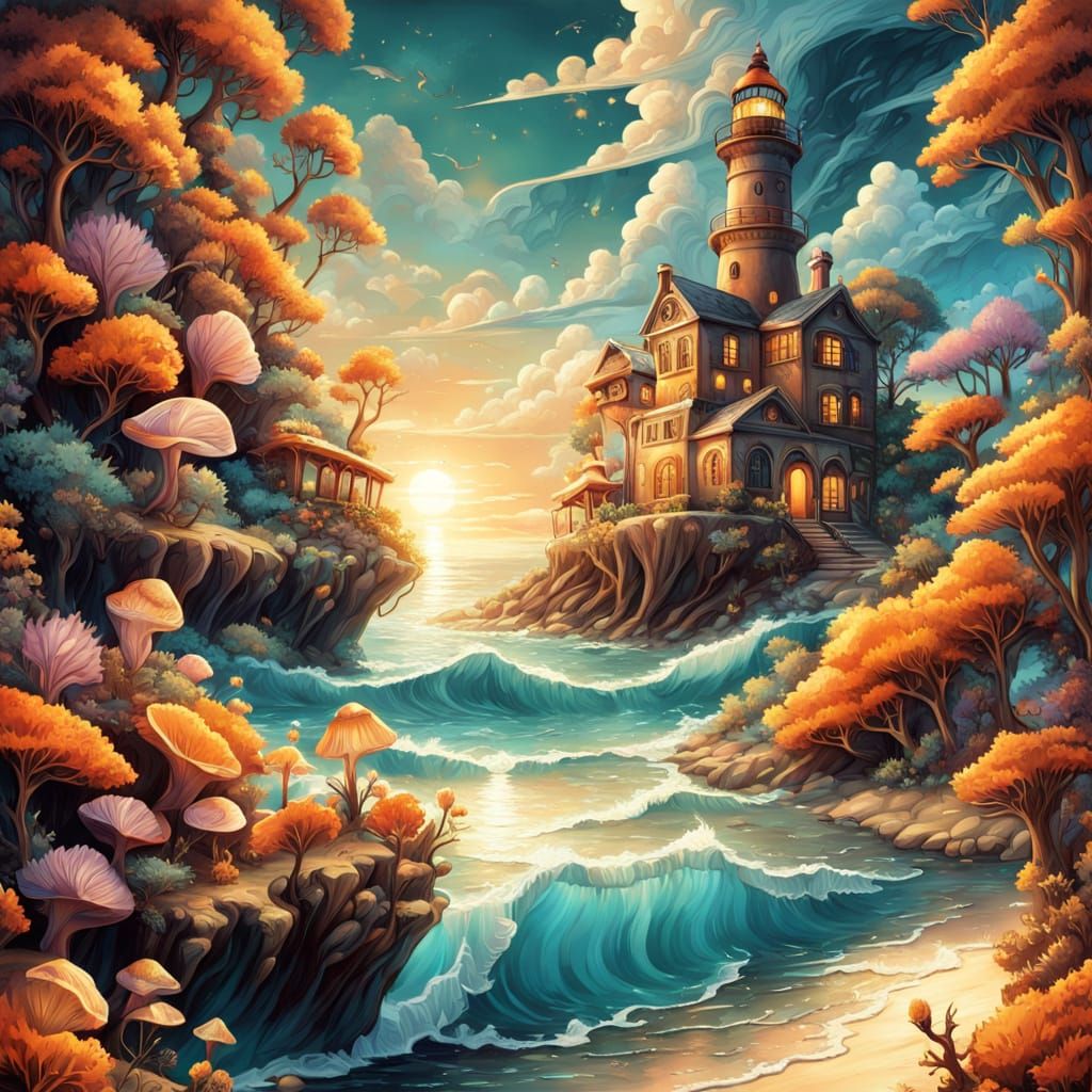 Steampunk Lighthouse in a Vibrant Seashell