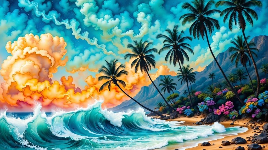 Vibrant Tropical Paradise in Soft Monet-Inspired Brushstroke...