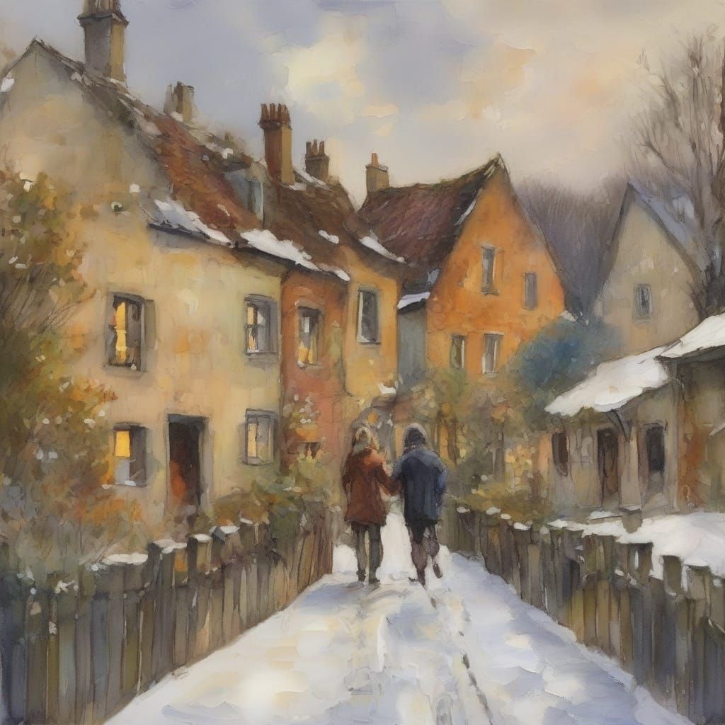 Whimsical Northern Village Winter Scene in Doodle Style