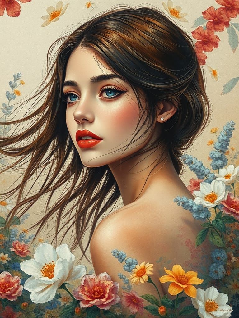 Ethereal Woman in Garden with Klimt Floral Background