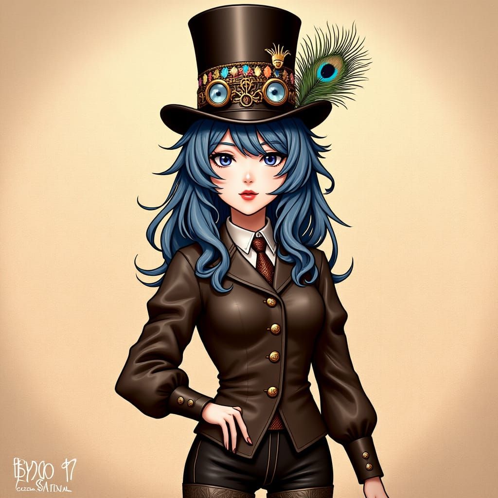 Steampunk Woman with Blue Hair in Victorian Attire