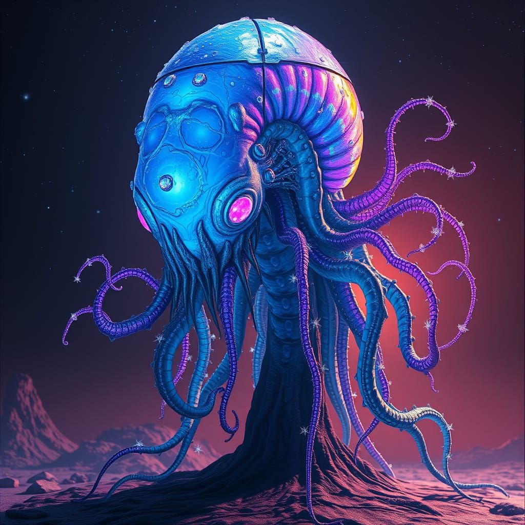 Hybrid Kraken-Blob Creature in Bioluminescent Style