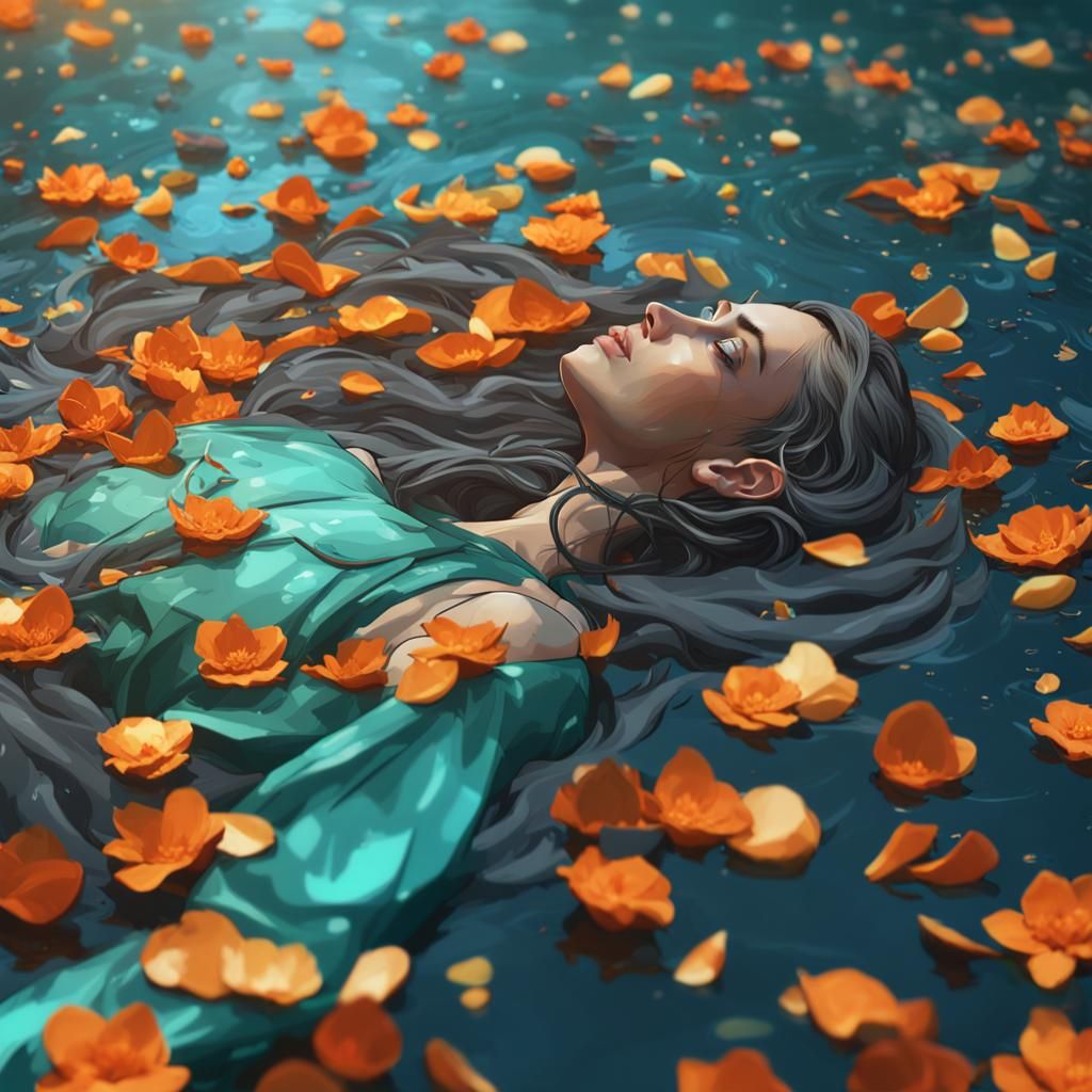 Ophelia in Water with Flowers, Art Nouveau Style