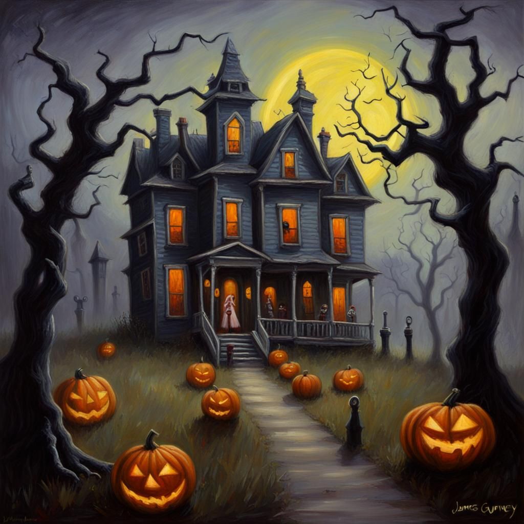 Tim Burton Style Halloween House Oil Painting