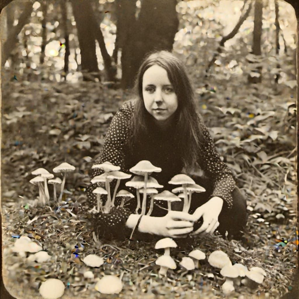 1900s antique photograph, <lora:kkkk:1.0> in field of spotted mushrooms