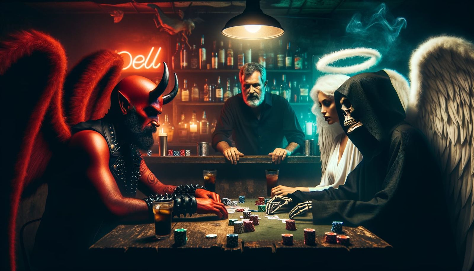 Surreal Poker Game in a Grungy Bar with Devil, Angel, and Gr...