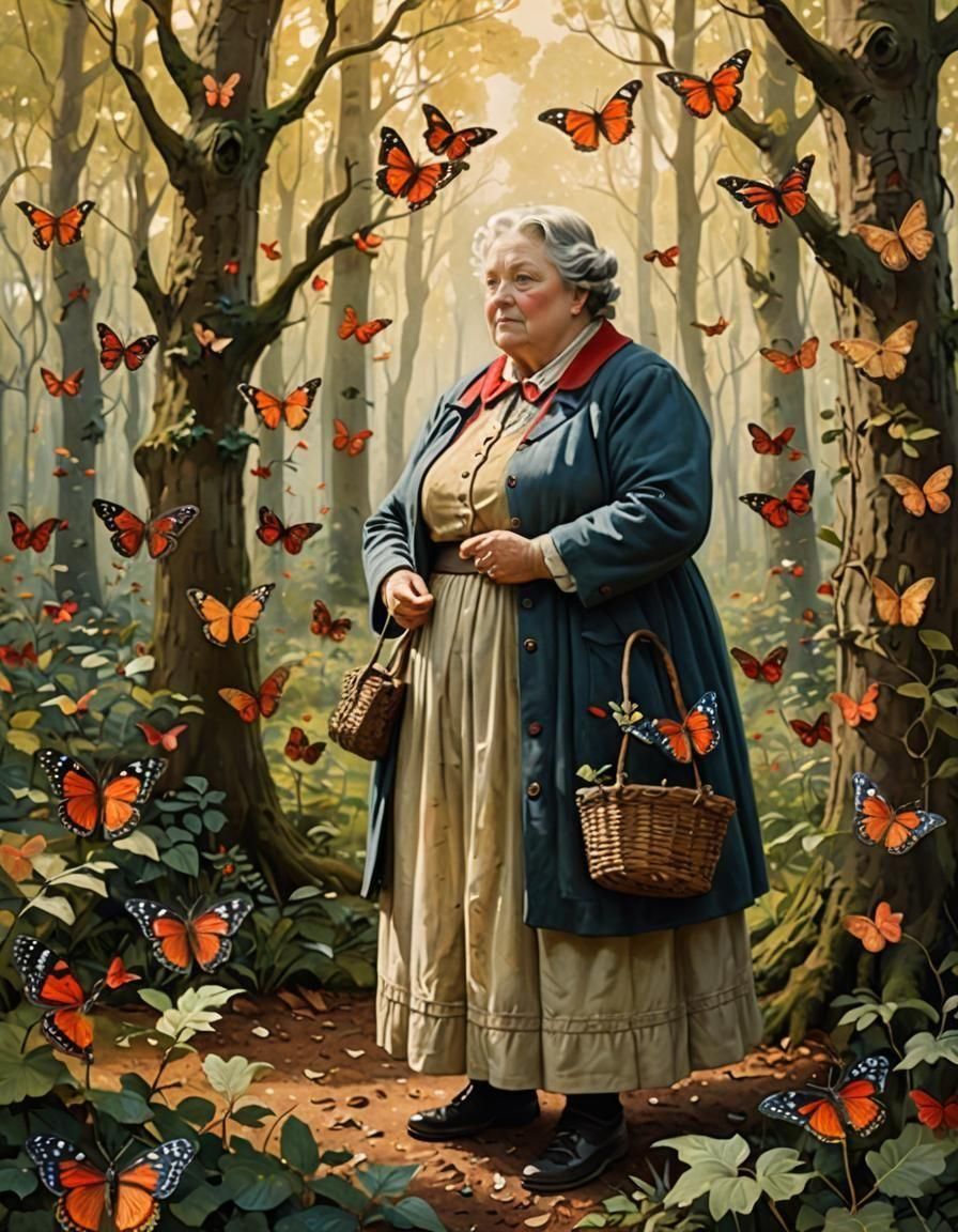 Woodland Portrait of Older Woman with Butterflies