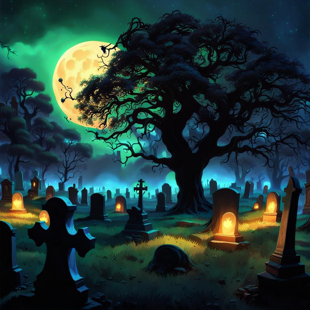 Eerie Gothic Cemetery with Floating Ghosts in Pixar Style
