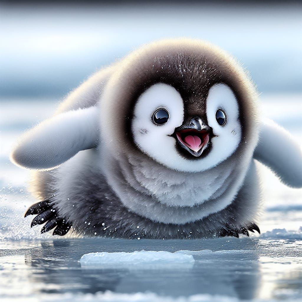 Fluffy Baby Penguin Slides on Ice