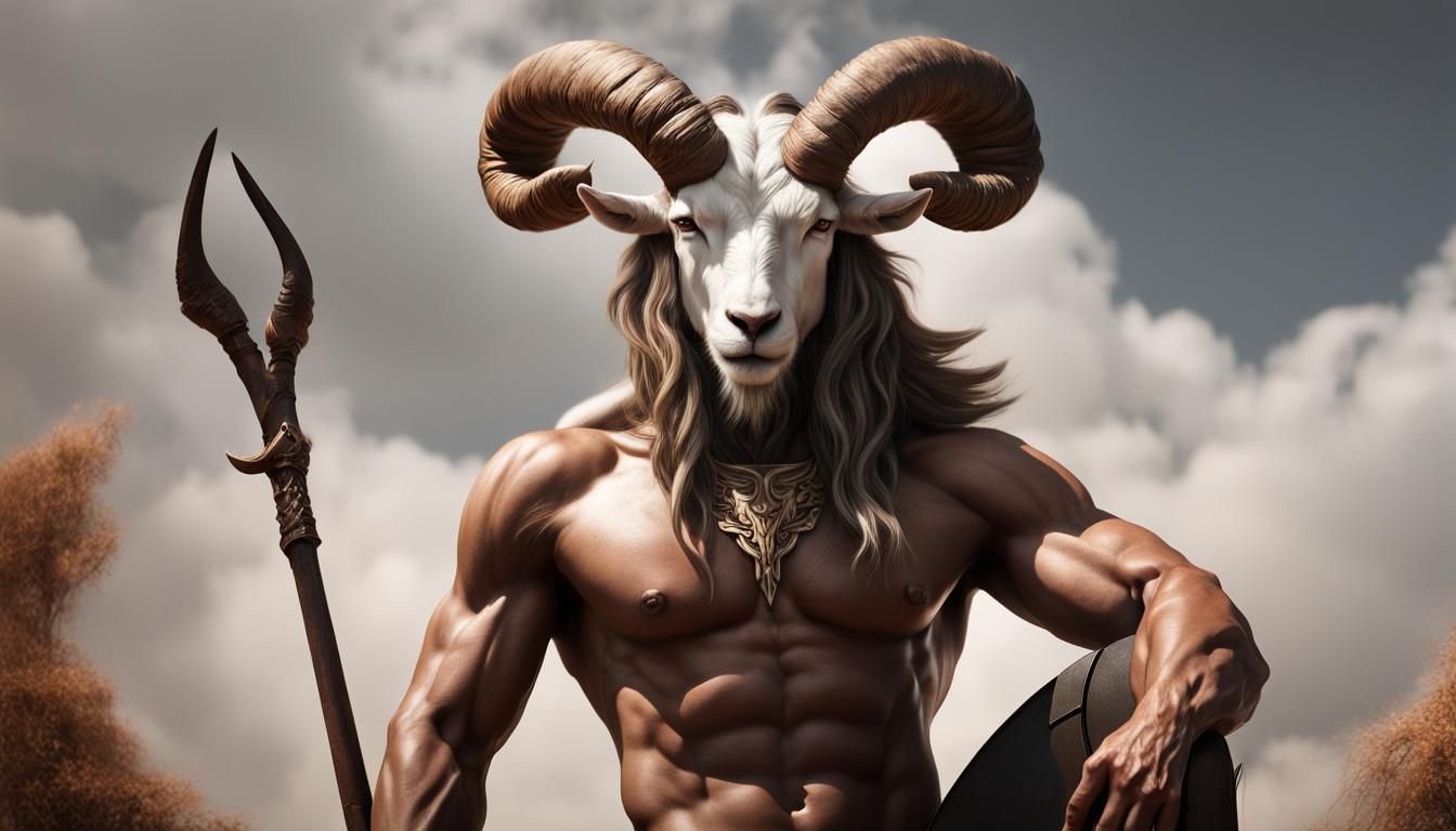 Fantasy image. Goat head combined with human body. Demon Warrior King Healthy body The proportions of the muscles are cl...